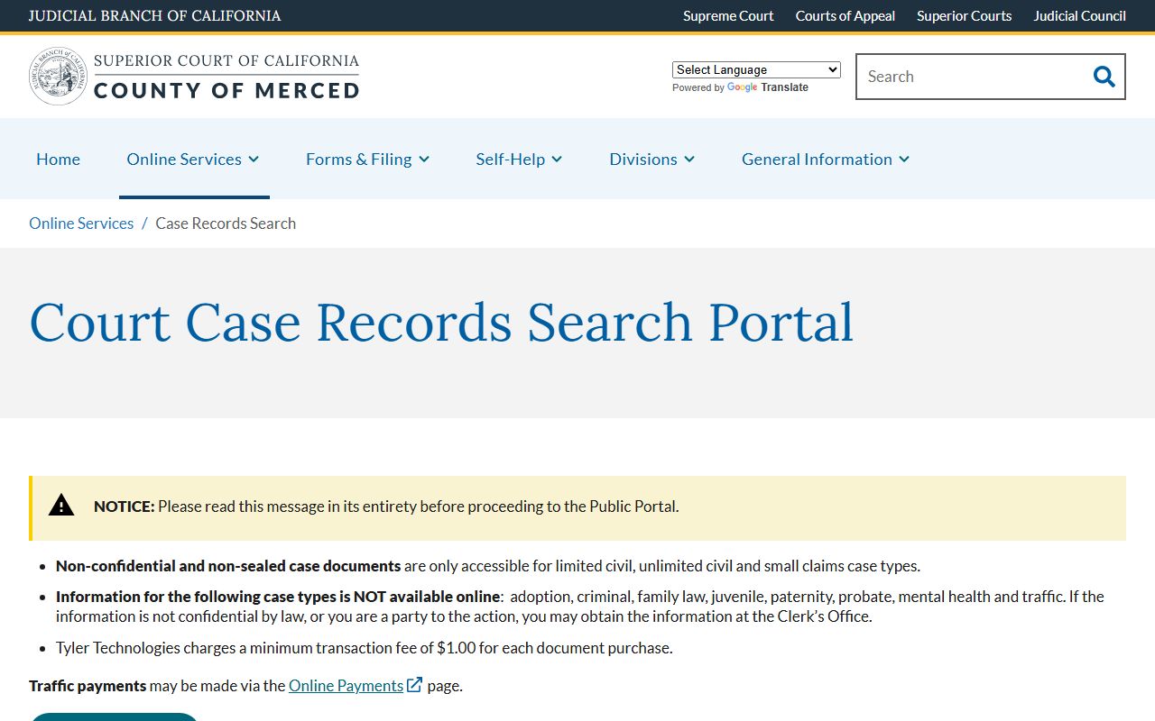 Merced County court records after jail arrest online criminal case notice