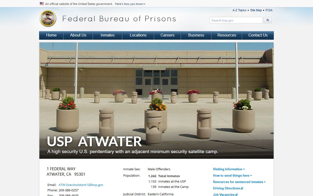 BOP USP Atwater institution page with federal facility information