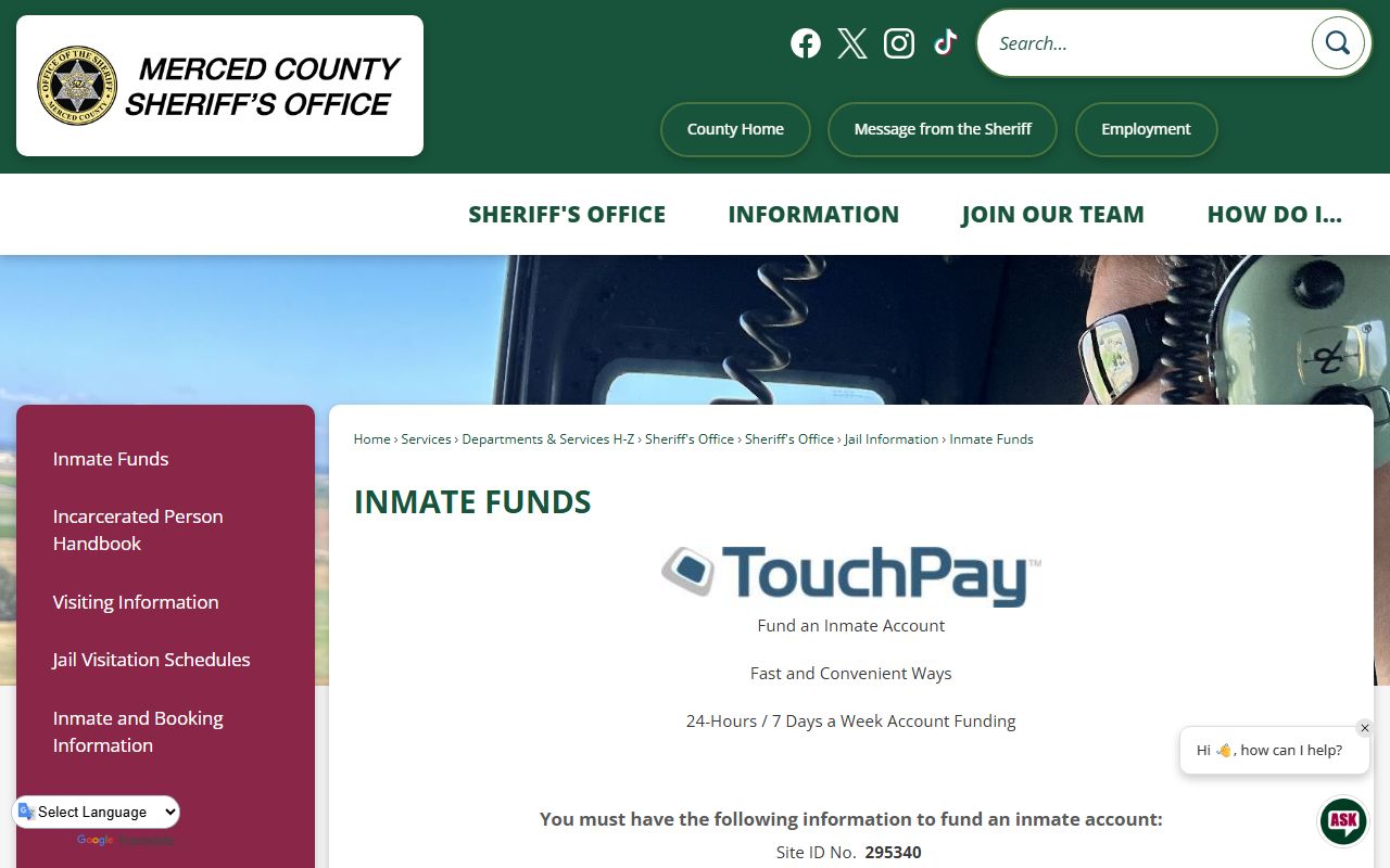 Merced County inmate funds page showing TouchPay and GTL deposit instructions