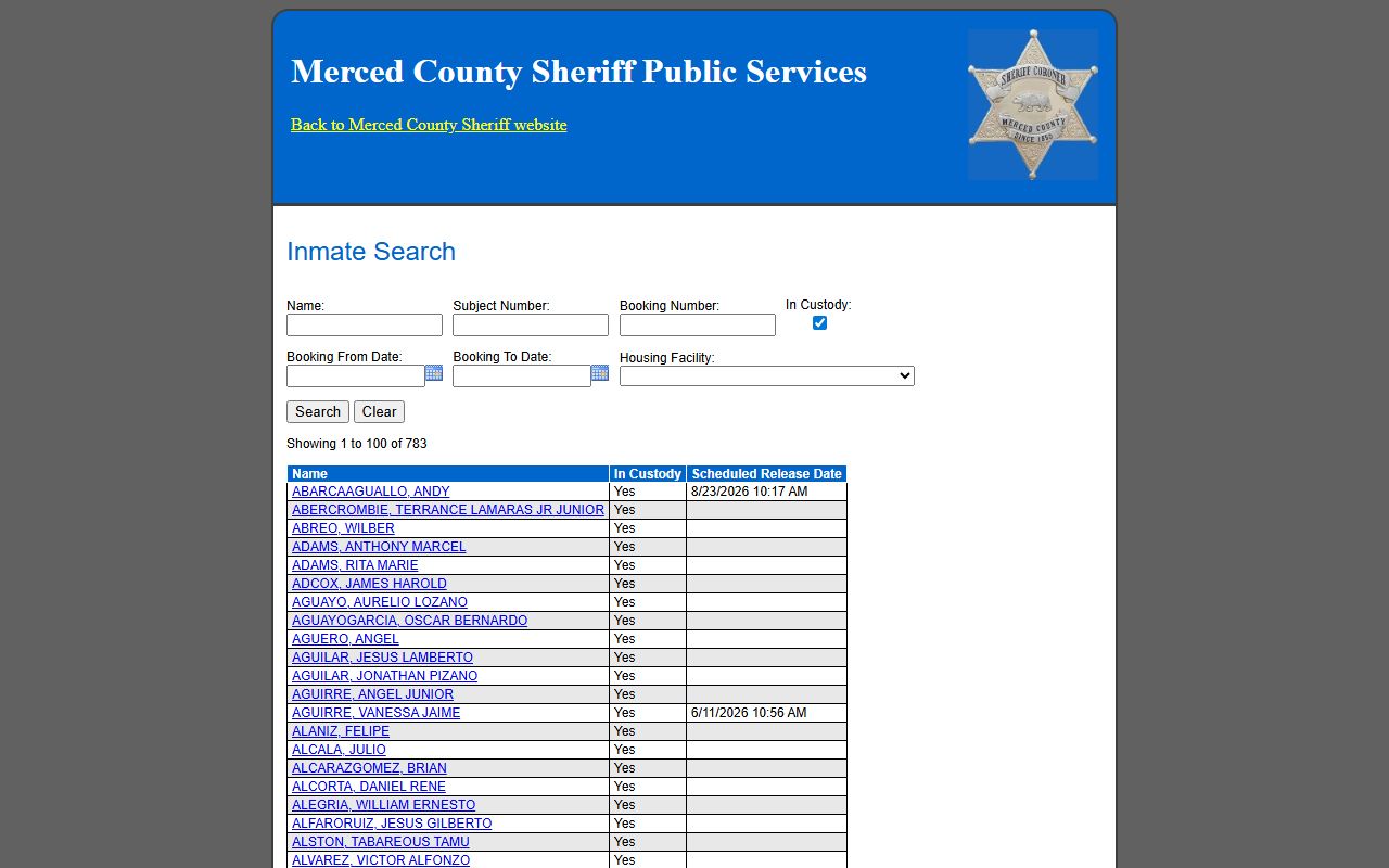 Merced County inmate population search roster fields