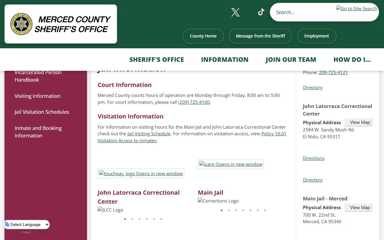Merced County jail information page showing jail links and facility resources