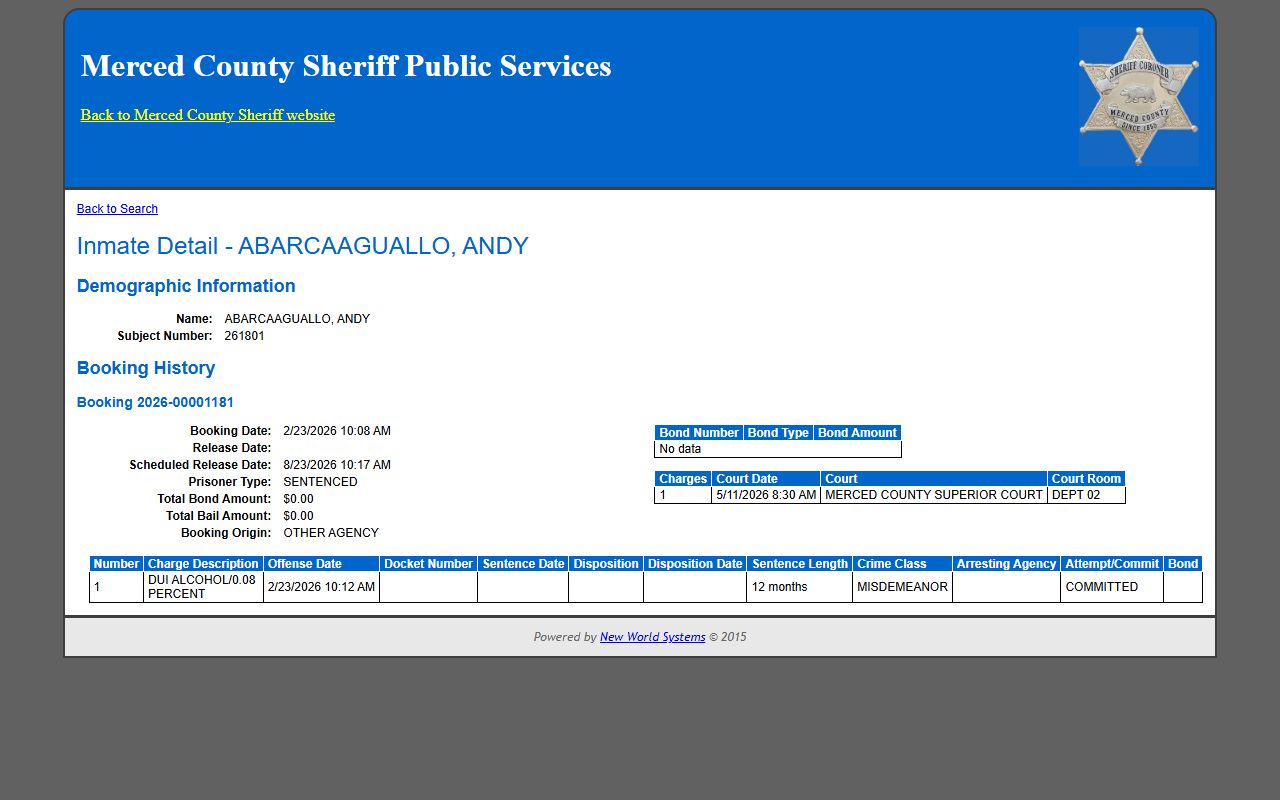 Merced County inmate population sample profile fields