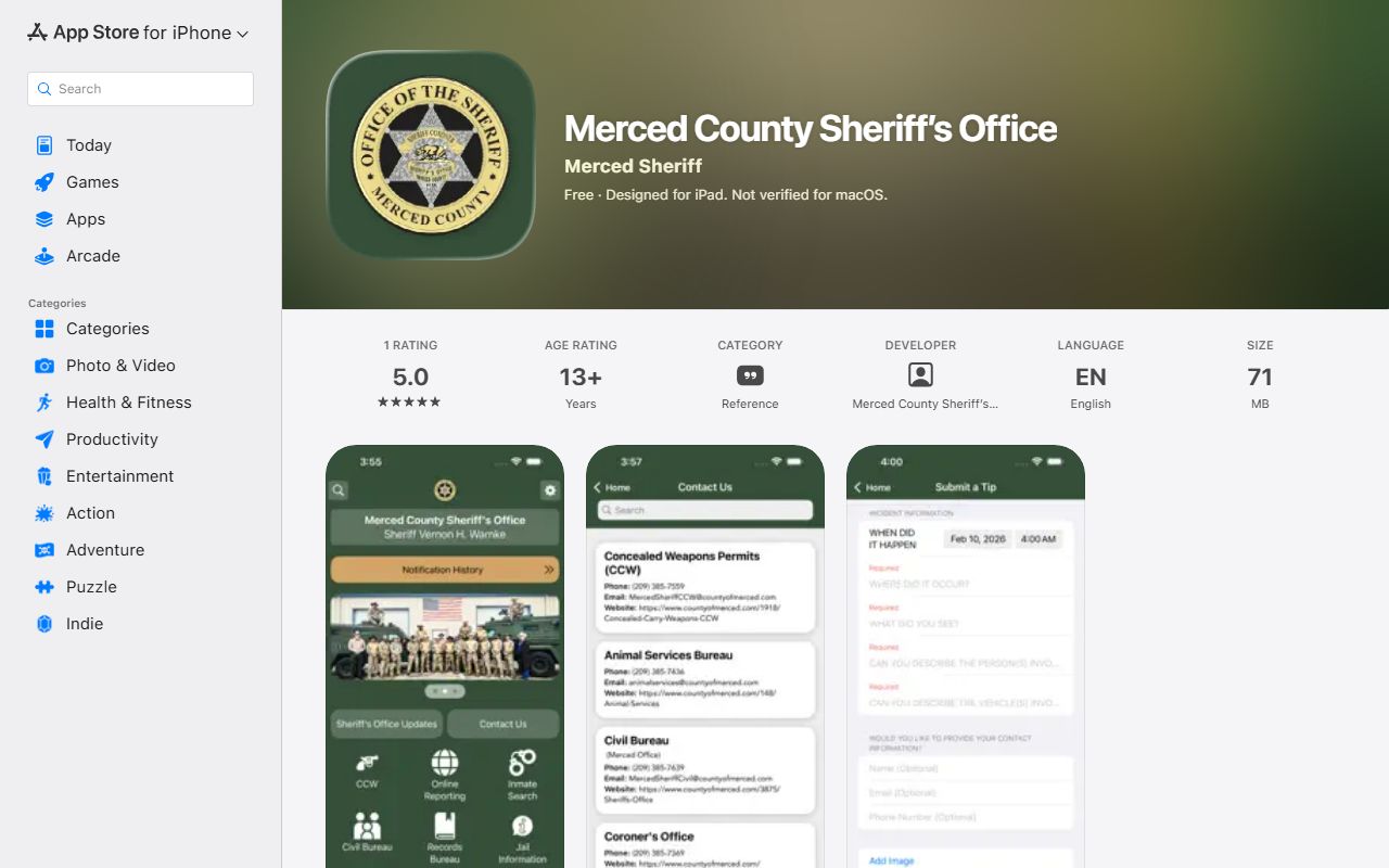 Merced County sheriff app listing without confirmed mugshot search