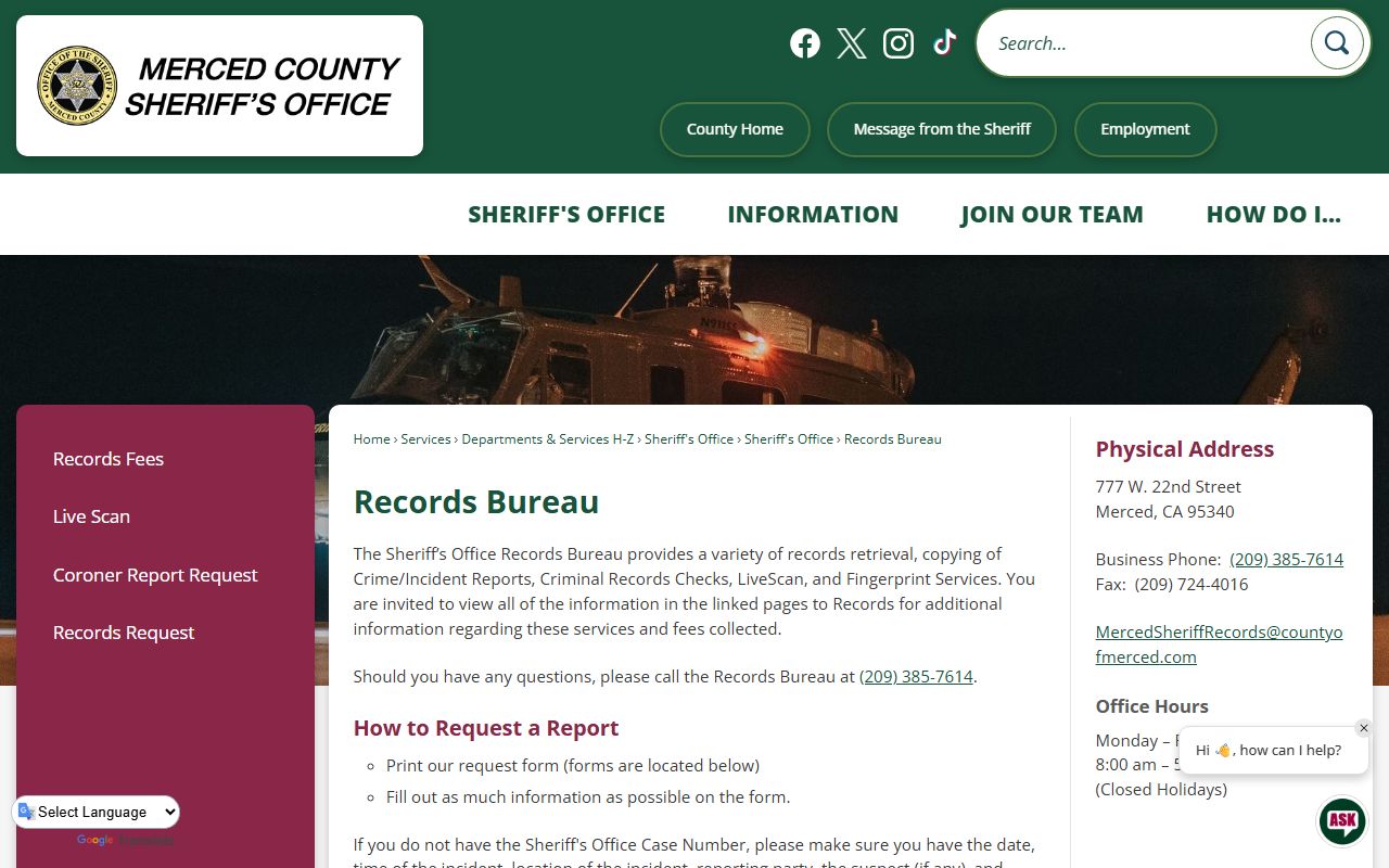 Merced County booking photo request records bureau page